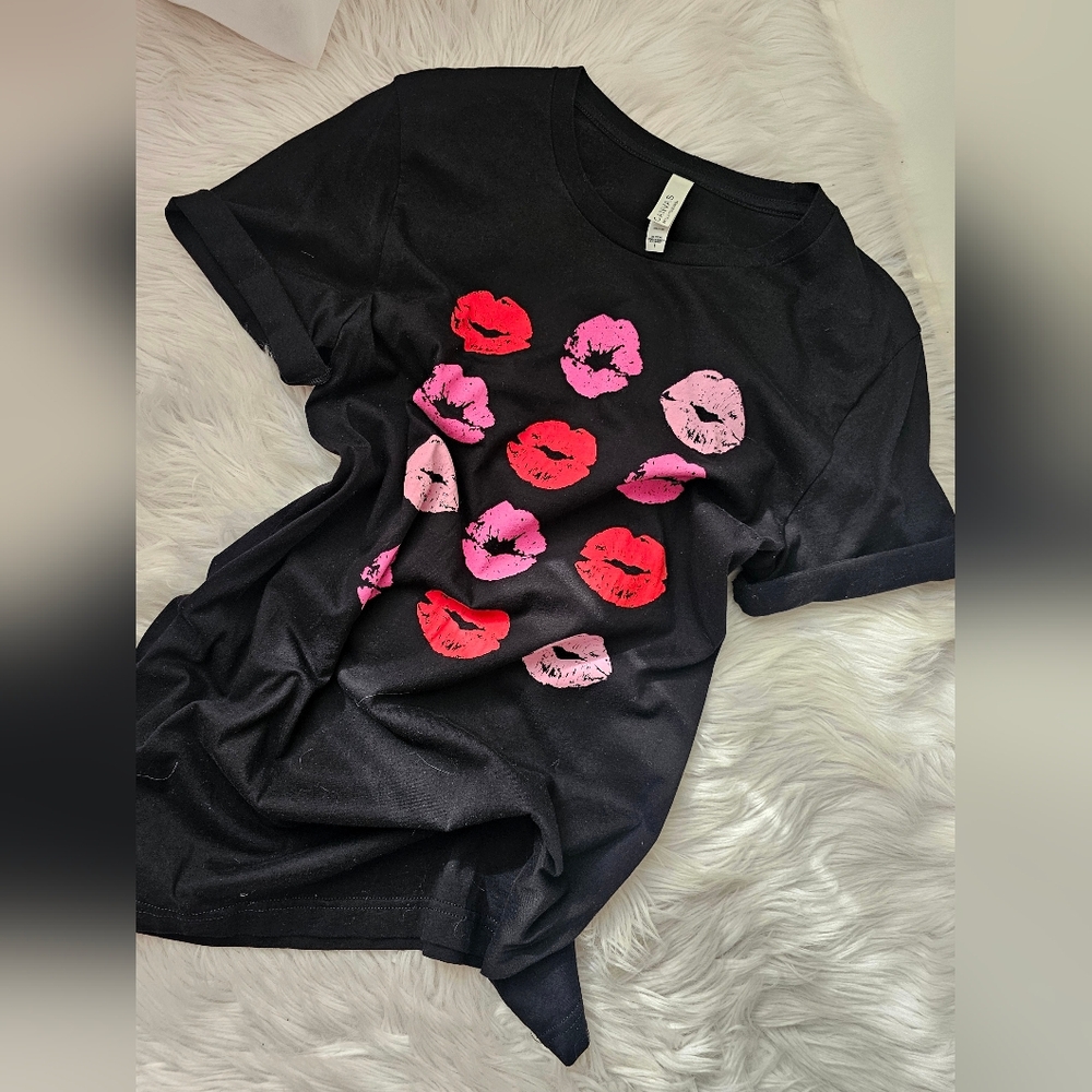 Black Classic T-Shirt with Pink and Red Lip Print